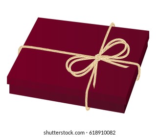 Vector Red carton gift box tied with realistic linen string and double bow illustration.