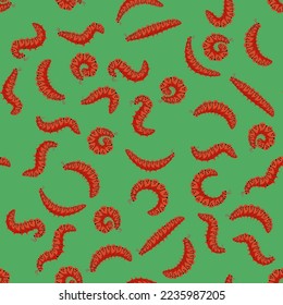 Vector Red Cartoon Caterpillar Patrón Sin Maravilla Aislado en Fondo Verde. Lindos Insectos De Verano. Pequeño Movimiento Maggot. Ciclo de vida de mariposa.