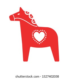 Vector red cartoon flat Scandinavian Swedish dala horse with ornaments  isolated on white background