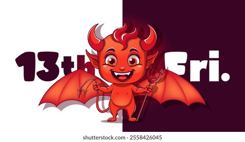 Vector red cartoon funny smiling fanged glowing little imp kid with pitchfork. Friday the thirteenth. Inscription, 13th Fri. Cute hellish toon devil creature with wings of bat.