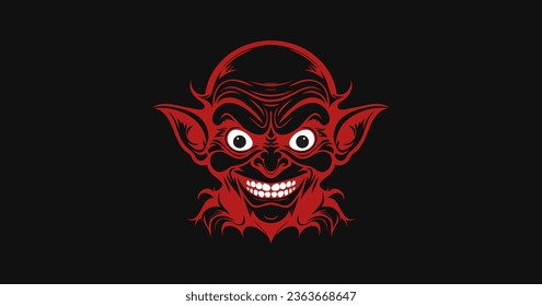 Vector red cartoon long eared smiling goblin portrait on a black isolated background.