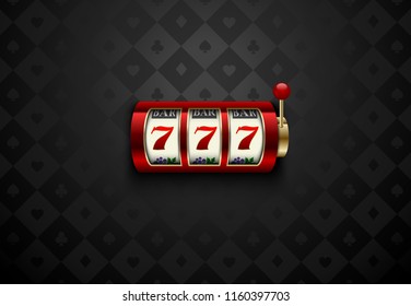 Vector red casino slot machine with lucky seven . Dark silk geometric card suits background. Online casino web banner, logo or icon. Winner casino poster