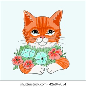 vector of red cat with flowers