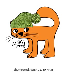Vector red cat with green knitted scarf