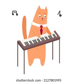 vector Red Cat playing Piano in tie. a Cute Pet is playing a Musical Keyboard Instrument. Flat illustration isolated on a white background.