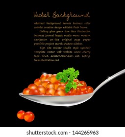 vector red caviar with parsley and a spoon on a black background