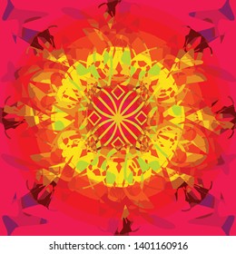 vector red celtic mandala, abstract red and burgundy background, central flower in yellow and light green