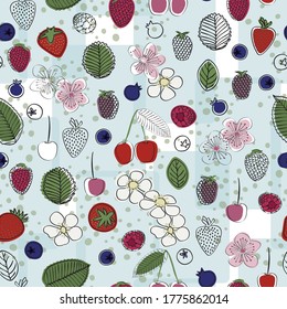 Vector Red Cherries, Strawberries, Rasberries, Blackberries, Blueberries and Flowers on Blue White Background Seamless Repeat Pattern. Background for textiles, cards, manufacturing, wallpapers, print