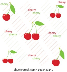 Vector red cherry pattern with green and red parallel lines on white background