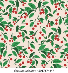 Vector red cherry tree leaf illustration seamless repeat pattern home decor print fashion fabric and textile graphic resource digital artwork