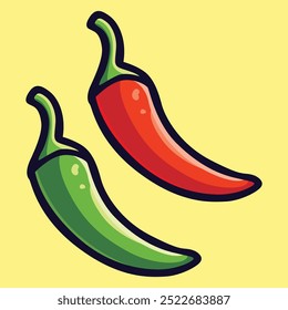 vector red chili pepper and green chilli, vegetable cartoon vector icon  