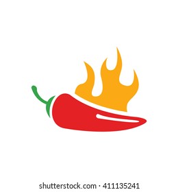 Vector Red Chilli Pepper Icon And Yellow Fire. Jalapeno Peppers Symbol