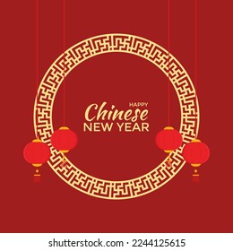 vector red chinese background with lantern and circle frame