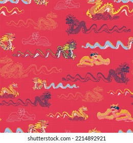 Vector red Chinese new year celebrations with dragons background pattern