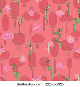 Vector red Chinese new year celebrations with blossoms and bamboo background pattern