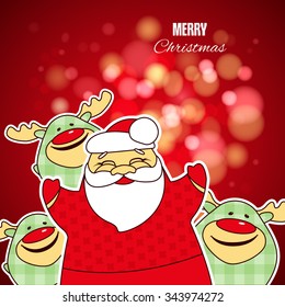 

Vector red Christmas background with funny Santa Claus and Christmas deer
