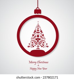 vector red christmas background with tree. cut paper design. xmas card