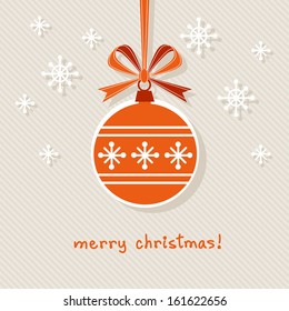 Vector red Christmas ball with ribbon and bow. Original design element. Simple festive label. Greeting, invitation cute card with lettering - Merry Christmas. Decorative illustration for print, web