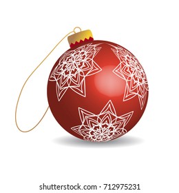 Vector red christmas ball with snowflakes. Isolated toy on white background.