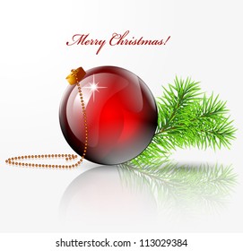 Vector red Christmas ball and xmas tree branch.