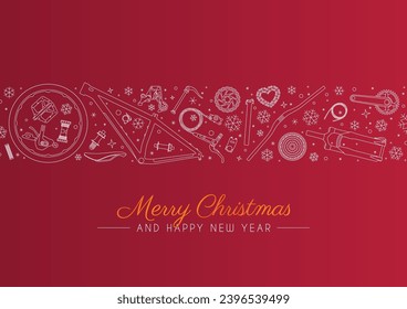 Vector red Christmas card with wishes Merry Christmas and Happy New Year. Christmas decorations with white bike components and snowflakes. Red background.