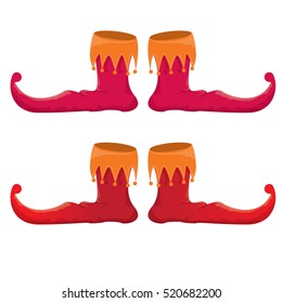 vector red christmas elf shoes collection icon isolated on white. vector funky red cartoon boots set