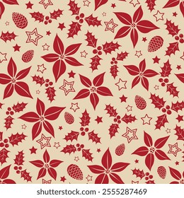 Vector red Christmas floral ditsy seamless pattern background. Ideal for Christmas gifts and decorations. Perfect for fabric, wallpaper, wrapping, scrapbooking and stationery. Surface pattern design.