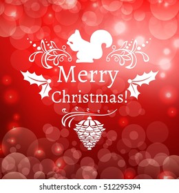 Vector red Christmas greetings with sqirrel and cone