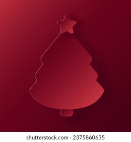 Vector red christmas paper cut 3d tree pendant on bordeaux colored background. Xmas design elements for presentation, banner, cover, web, flyer, card, sale, poster, slide and social media	