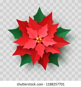 Vector Red Christmas Poinsettia Flower in paper cut style isolated on transparent background. New year paper craft symbol, Christmas star flower