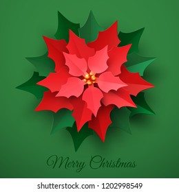 Vector Red Christmas Poinsettia Flower in paper cut style on green background. Happy New year and merry Christmas greeting card design template