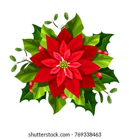 Vector red Christmas poinsettia flower isolated on a white background.
