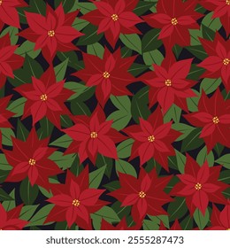 Vector red Christmas poinsettia seamless pattern background. Ideal for Christmas gifts and decorations. Perfect for fabric, wallpaper, wrapping, scrapbooking and stationery. Surface pattern design.