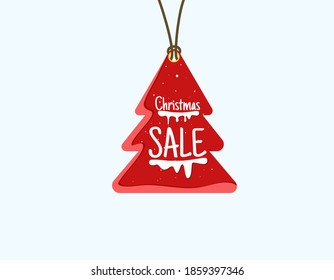 Vector red christmas sale paper tag, christmas tree shape and red and snow hand drawn elements, hanging with discount text for christmas shopping holiday promotion Vector illustration.