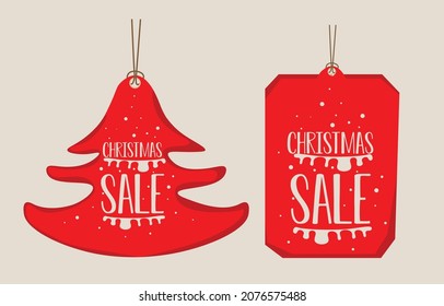 Vector red christmas sale paper price tag, christmas tree shape and red square and snow hand drawn elements, hanging with discount text for newyear shopping holiday promotion Vector illustration.