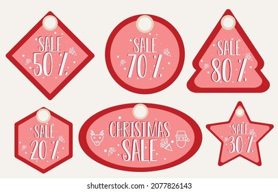 Vector red christmas sale paper price tag, circle shape and red square and snow hand drawn elements, hanging with discount text for newyear shopping holiday promotion Vector illustration.