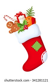Vector red Christmas sock with gifts isolated on a white background.
