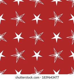Vektorroter Weihnachtsstern - nahtloser Musterhintergrund. roter, solider Hintergrund mit weißen Sternen in einem geometrischen Muster. Gut für Weihnachtsdekoration, Verpackung, Geschenkverpackung, Papier, Schreibwaren und andere Verwendungszwecke.