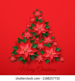 Vector Red Christmas tree made of 3d layered Poinsettia Flower in paper cut style on red background. Happy New year and merry Christmas greeting card design template