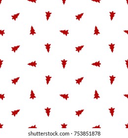 Vector red Christmas tree seamless pattern. Merry Christmas and happy new year greeting card backdrop design. Retro hand drawn flat art on white background.