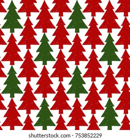 Vector red Christmas tree seamless pattern. Merry Christmas and happy new year greeting card backdrop design. Retro hand drawn flat art on white background.