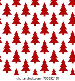 Vector red Christmas tree seamless pattern. Merry Christmas and happy new year greeting card backdrop design. Retro hand drawn flat art on white background.
