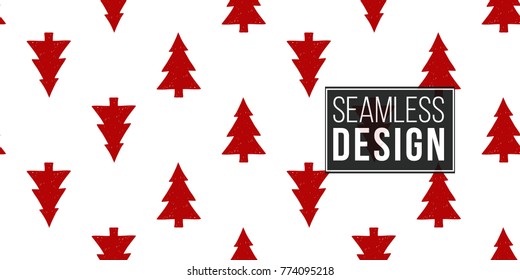 Vector red Christmas tree seamless pattern. Merry Christmas and happy new year greeting card backdrop design. Retro hand drawn flat art on white background.