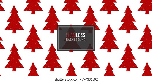 Vector red Christmas tree seamless pattern. Merry Christmas and happy new year greeting card backdrop design. Retro hand drawn flat art on white background.
