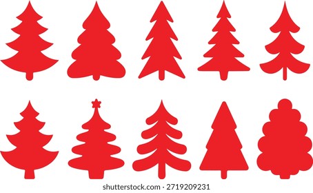 Vektor Rote Weihnachtsbaum Silhouetten Set Sammlung von festlichen Pinien, Tannen Bäume, und Feiertage Icons