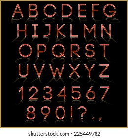 Vector red and chrome alphabet letter, digits and punctuation signs with reflection on dark background
