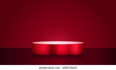 Vector red circle product podium mockup. Luxury product stand for cosmetic. One winner column. Glossy gradient 3D pedestal. Premium Valentine day template. Merry Christmas background. Round red scene