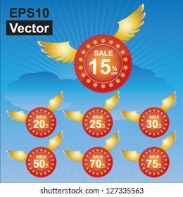 Vector : Red Circle Sale Price Tag With Golden Wings For Special Promotion Campaign, Sale 15-75% Off in Blue Sky Background