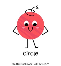 Vector red circle shape character. Cute basic round geometric figure with face. Cute funny smiling shape character for kids and children. Circle poster for school and kindergarten.