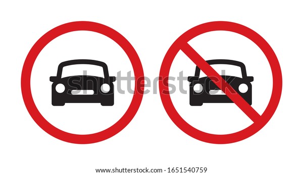 Vector red circle traffic sign - black\
silhouette car. Isolated on white\
background.